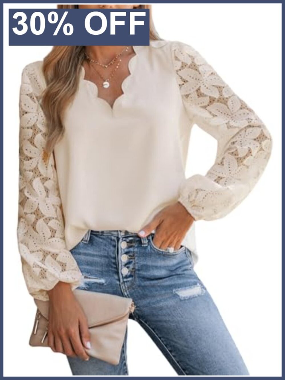 Lace Eyelet Scalloped V Neck Blouse Long Sleeve Dressy Top